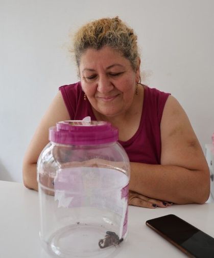 İş yeri önünde bulduğu siyah akrebe bidonda bakıyor