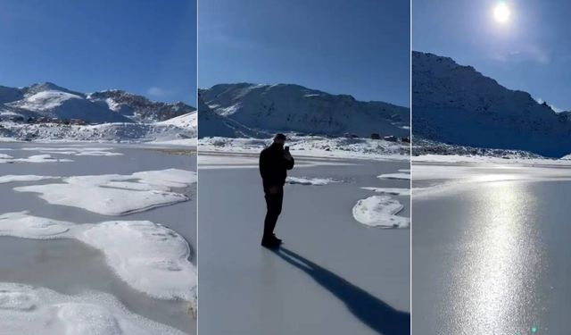 Rize’de yayladaki ‘Adalı göl’ buz tuttu