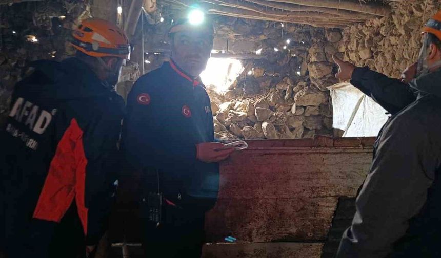 Van'da meydana gelen depremde bir ahırın duvarı çöktü