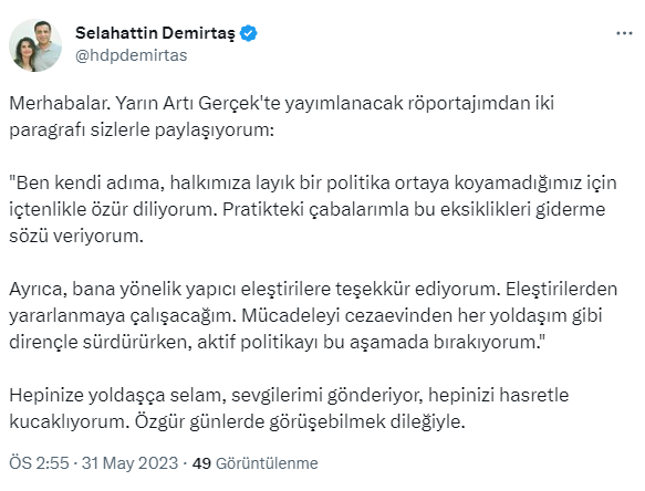 Selahattin Demirtaş: Aktif siyaseti bırakıyorum