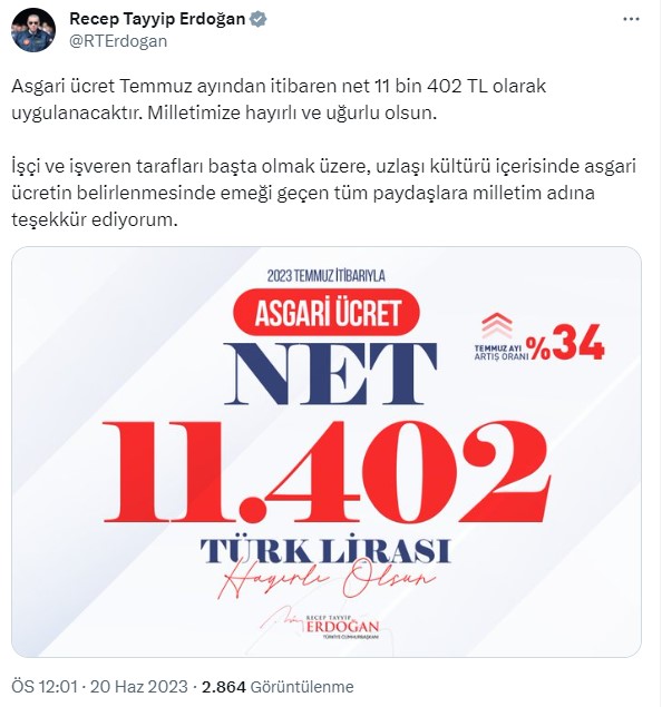 Cumhurbaşkanı Erdoğan: Yeni asgari ücret temmuz ayından itibaren uygulanacak, hayırlı olsun