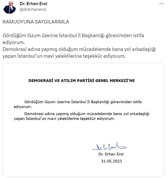 DEVA Partisi İstanbul İl Başkanı Erhan Erol istifa etti