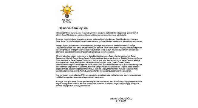 AK Parti Bitlis İl Başkanı Engin Günceoğlu istifa etti