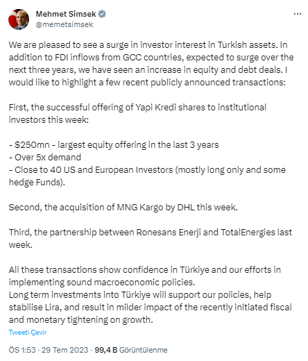 Bakan Şimşek, bu hafta ülkeye yapılan 3 yatırımı sıralayıp