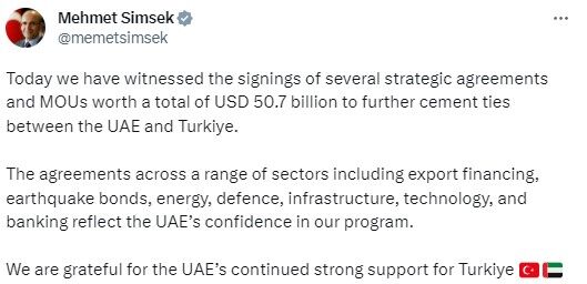 BAE ile imzalanan 50 milyar dolarlık anlaşmaya Bakan Şimşek'ten ilk yorum: Minnettarız