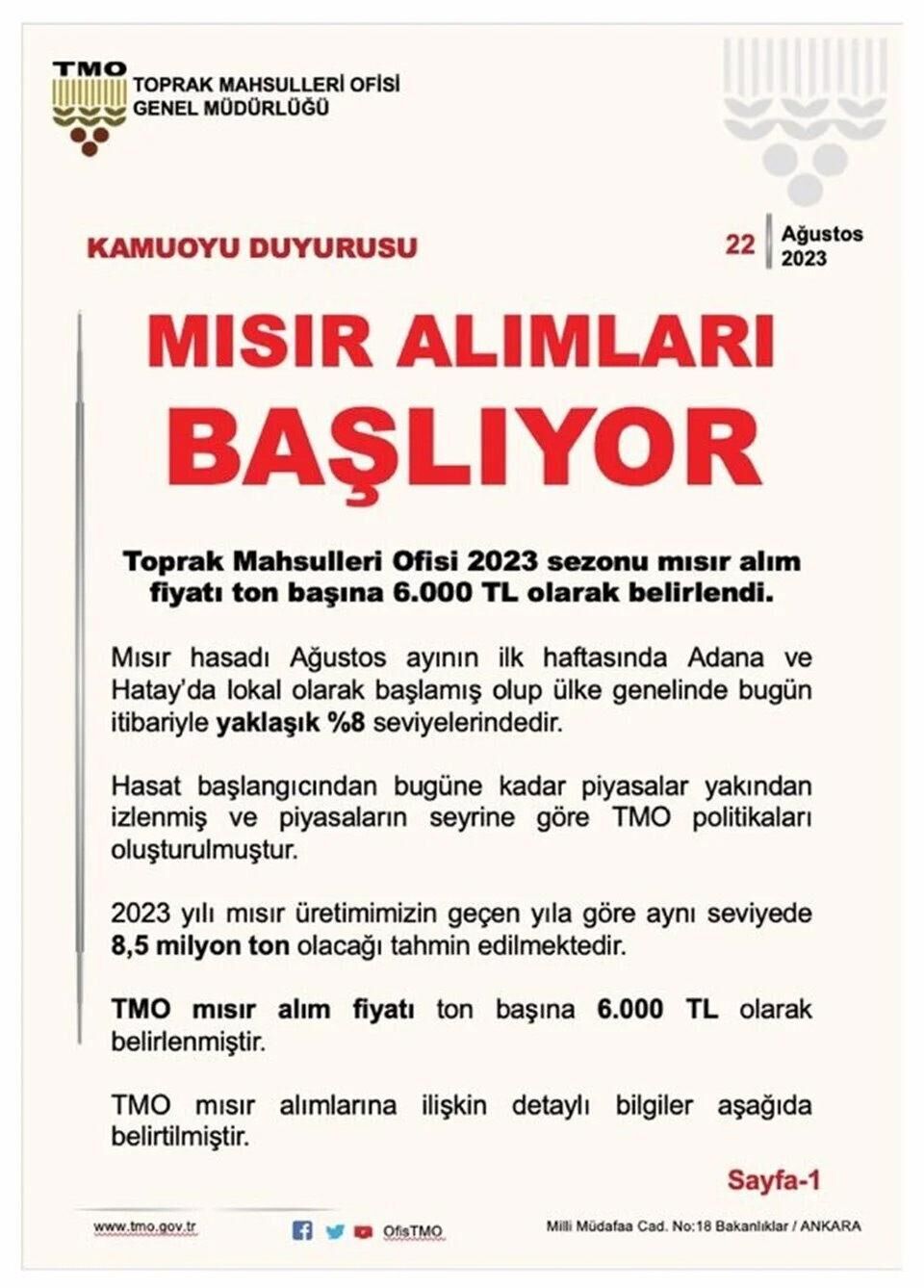 TMO, mısır alım fiyatını açıkladı