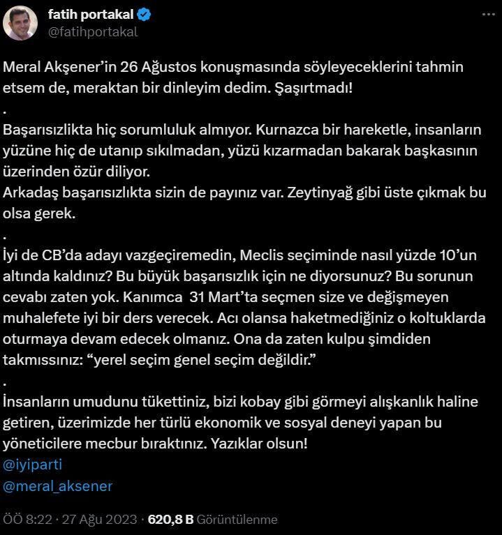 Fatih Portakal Akşener'e fena patladı: Yazıklar olsun