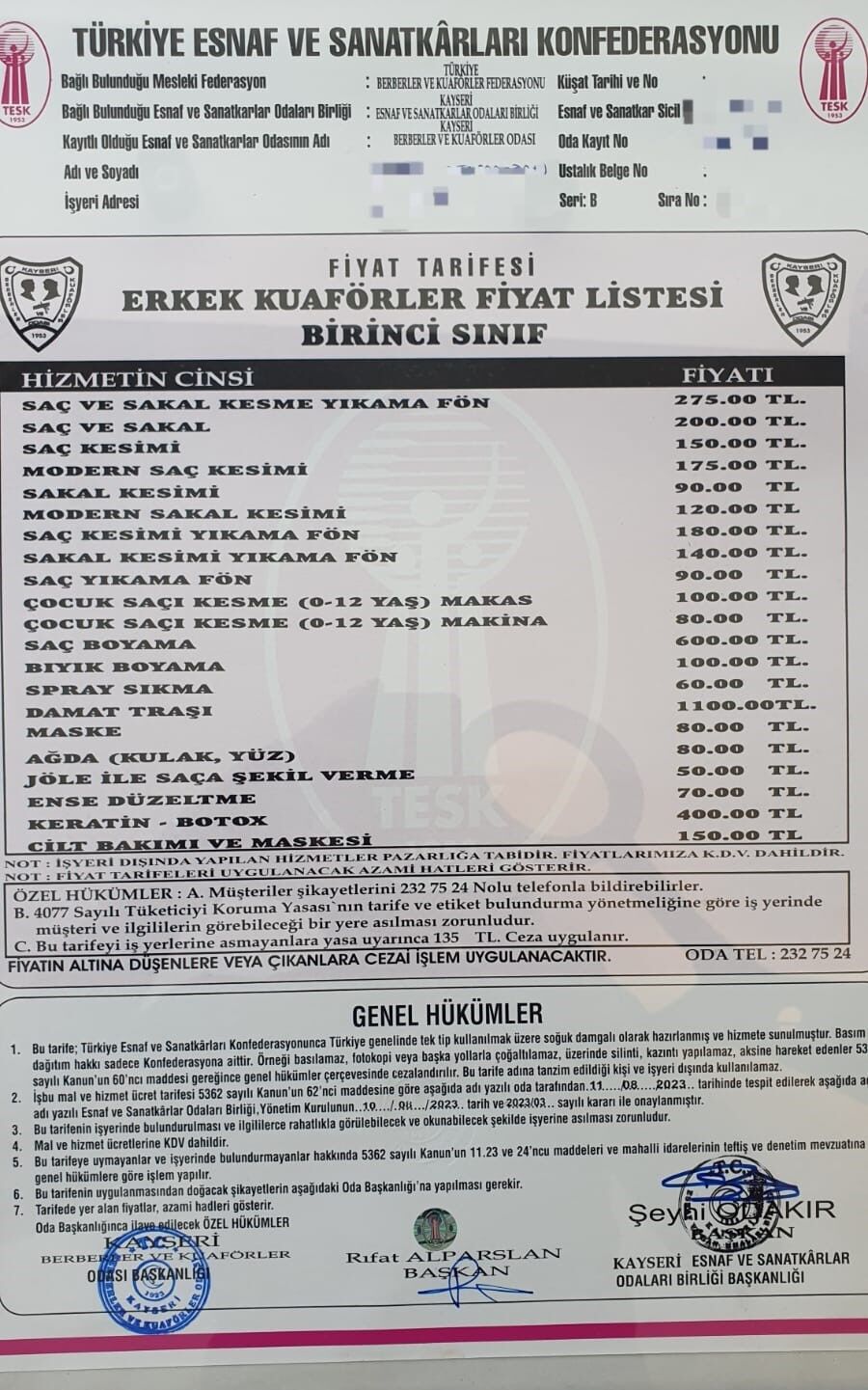 Berber fiyatlarına zam