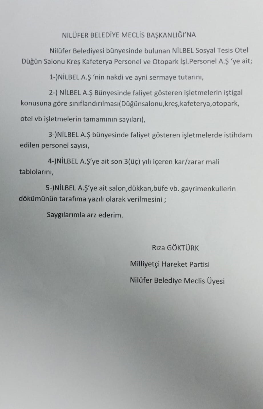 MHP’den NİLBEL AŞ’ye 5 maddelik soru önergesi