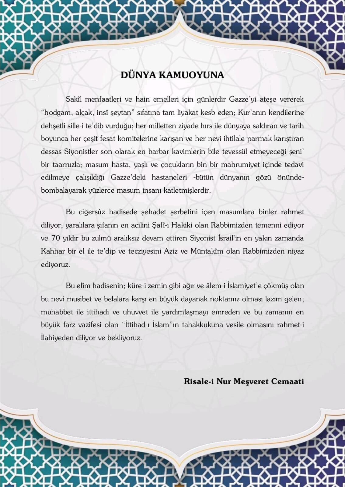 Risale-i Nur Meşveret Cemaatinden işgalci İsrail'in terör eylemlerine sert tepki