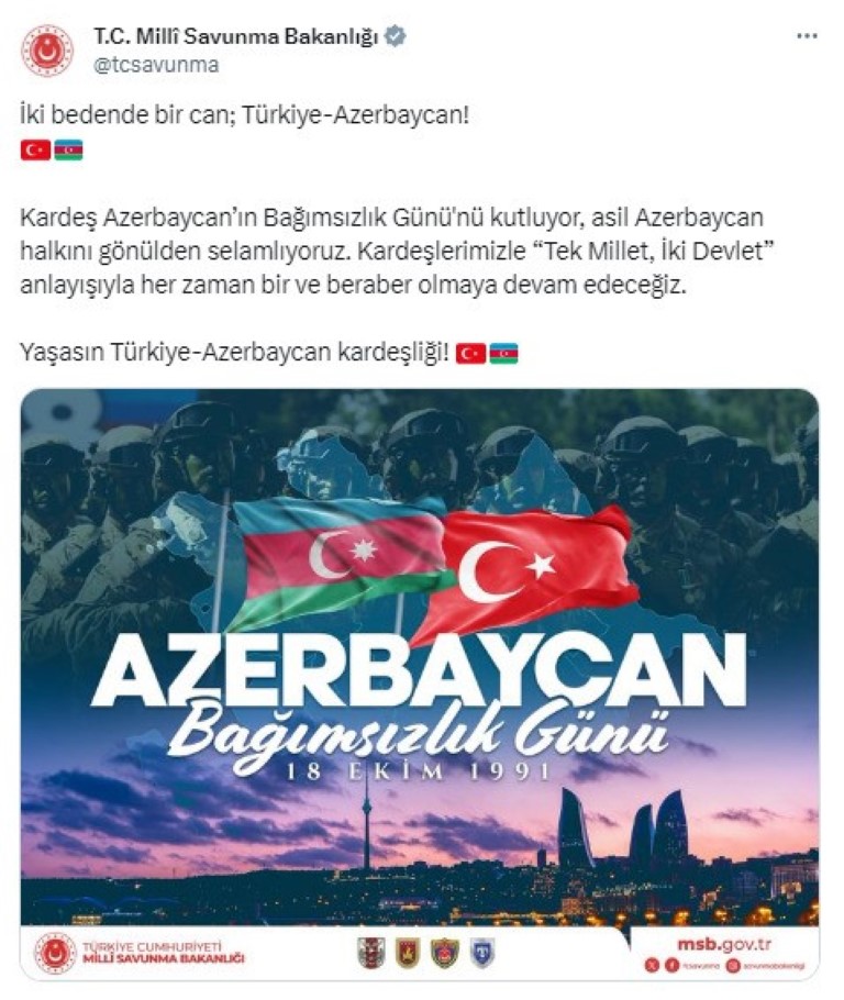 Milli Savunma Bakanlığı, Azerbaycan’ın Bağımsızlık Günü’nü kutladı