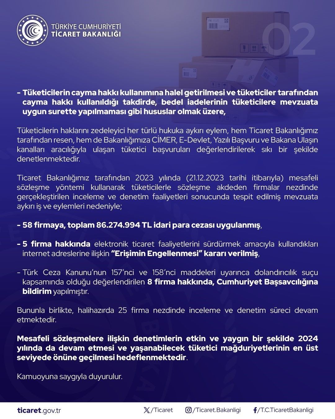 Ticaret Bakanlığınca e-ticaret sektöründeki 58 firmaya 86,2 milyon lira ceza kesildi
