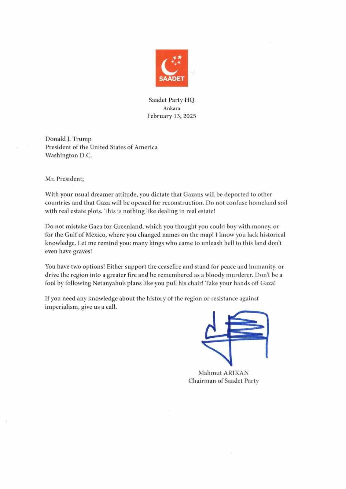 Saadet Partisi Genel Başkanı Arıkan’dan ABD Başkanı Trump’a Gazze Mektubu: 