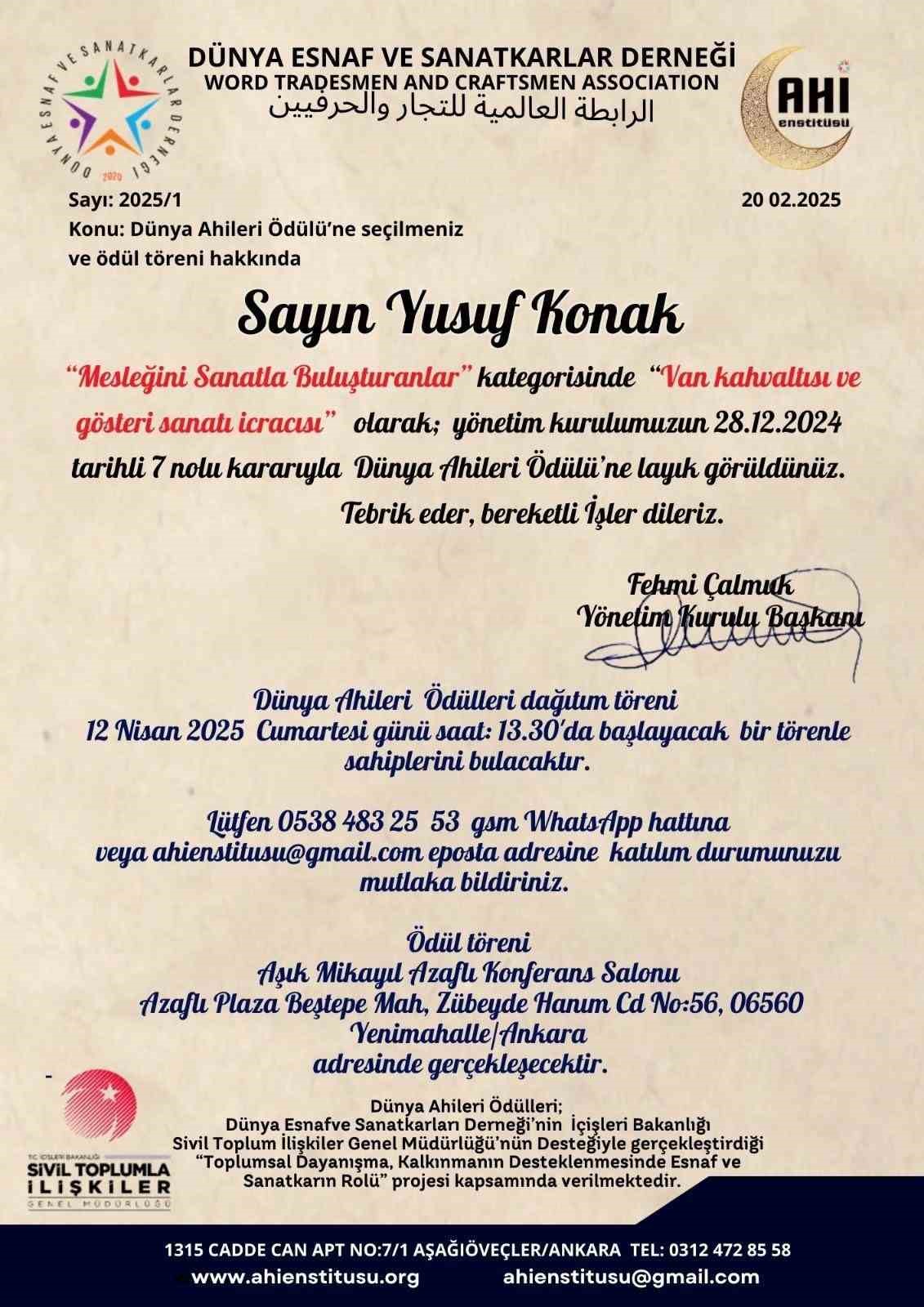 Yusuf Konak’a uluslararası ödül