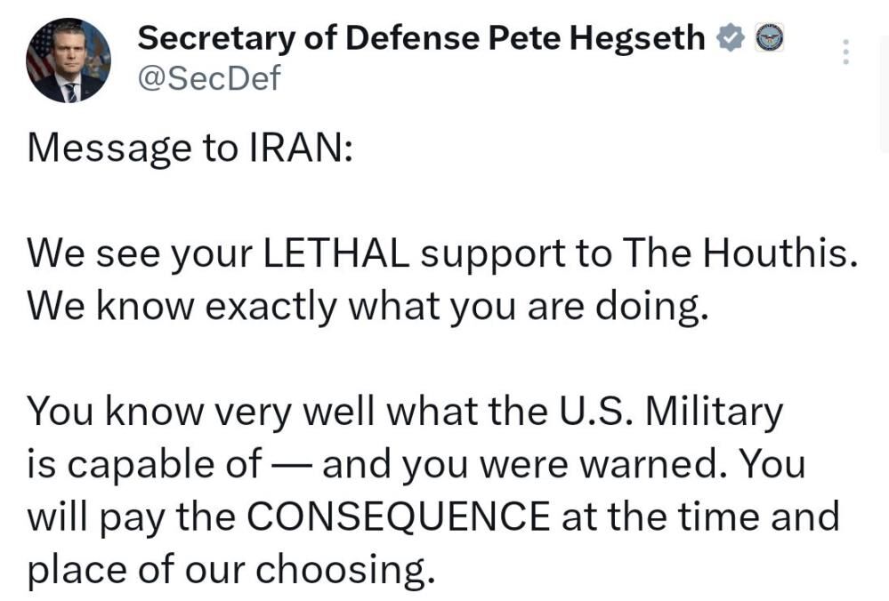 ABD Savunma Bakanı Hegseth’ten Husilere destek veren İran’a mesaj: 