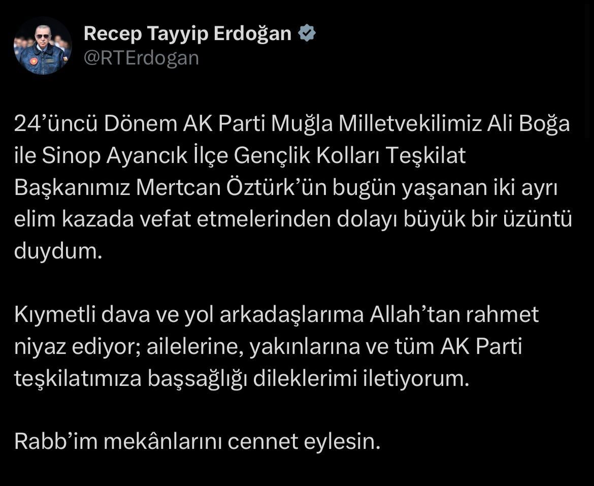Cumhurbaşkanı Erdoğan’dan Vefat Eden Milletvekili Ali Boğa İçin Taziye Mesajı