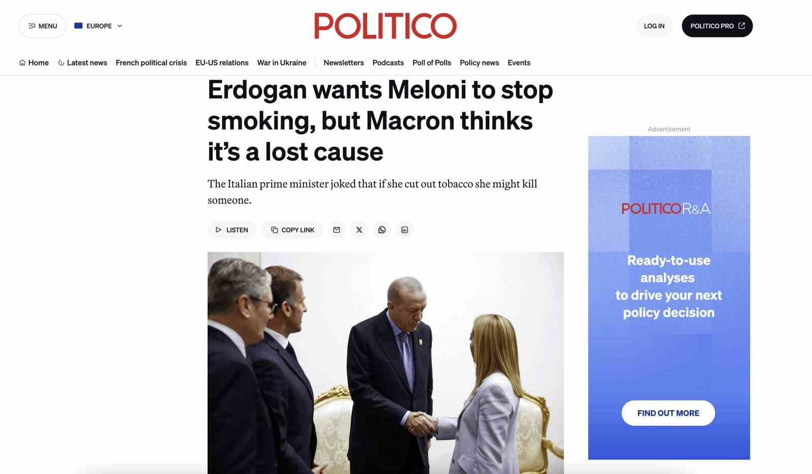 Cumhurbaşkanı Erdoğan’ın İtalya Başbakanı Meloni’ye sigara uyarısı İtalya basınında